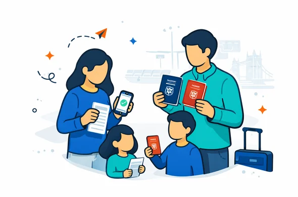 Flat or semi-flat vector illustration, clean lines, modern tech feel, 2D family travel preparation scene for UK entry. Abstract faceless parents and children organizing passports, phone confirmations and travel documents before a flight to the United Kingdom. Deep blue and turquoise primary palette with England accent colors red, white and dark navy. Calm, organized, efficient, safe atmosphere. Minimal white and light grey background with a faint airport gate and subtle Tower Bridge silhouette. No text, no logos, no photorealism, no watermark.