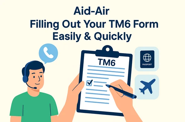 נציג שירות של Aid-Air עוזר במילוי טופס TM6 לתאילנד עם אייקונים של דרכון ומטוס