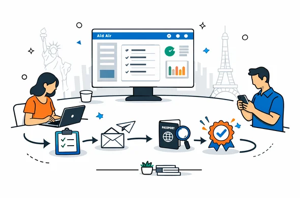 Flat semi flat vector illustration of a digital visa workflow dashboard for Aid Air, isometric view, abstract faceless characters using laptop and mobile, flowing timeline of steps from form filling to approval, deep blue and turquoise primary colors with neutral hub accent, calm and organized atmosphere, minimalist white and grey background with faint outlines of several famous world landmarks like Statue of Liberty, Big Ben and Eiffel Tower, modern tech style, clean lines, suitable for Midjourney or Sora image generation