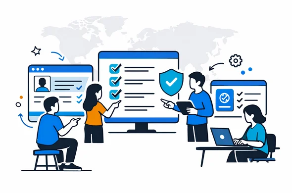 Flat semi-flat vector illustration of a modern digital visa core system dashboard, deep blue and turquoise Aid-Air brand colors with subtle gray accents, abstract faceless characters collaborating around screens showing visa forms and checklists, calm organized and efficient tech atmosphere, minimalist white background with a faint world map silhouette in the back, 2D or isometric style