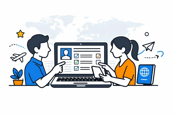 Flat vector illustration of a modern digital dashboard reviewing a visa application form before submission, abstract faceless characters checking documents on a laptop, deep blue and turquoise Aid-Air colors with soft yellow-blue accents for global travel, calm efficient atmosphere, minimalist white background with faint world map and airport terminal outline, 2D clean lines