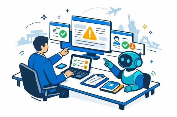 Semi-flat vector illustration of a human visa expert and an abstract AI interface working together, screens with checkmarks and warning icons, deep blue and turquoise primary colors with subtle yellow-blue accents for global travel, organized desk, calm and efficient atmosphere, minimalist white background with faint silhouettes of global landmarks, isometric perspective