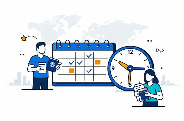 Flat semi-flat vector illustration, modern tech style, deep blue and turquoise Aid-Air brand colors with subtle yellow accents, abstract faceless characters holding passports and documents next to a large calendar and clock, calm and organized atmosphere, minimal white background with a faint world map and a subtle city skyline silhouette, 2D isometric composition, no facial features, clean lines