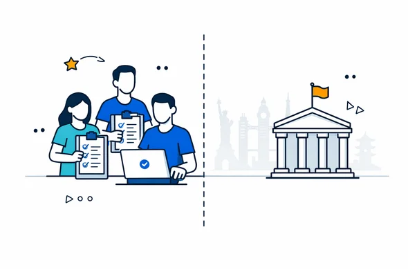 Flat vector illustration, modern tech style, deep blue and turquoise main colors with subtle yellow accents, abstract faceless characters on one side representing a digital visa service team with laptops and checklists, and a stylized government building icon on the other side, a clear dividing line between responsibilities, calm and organized atmosphere, minimal white background with a faint outline of global landmarks, clean 2D design