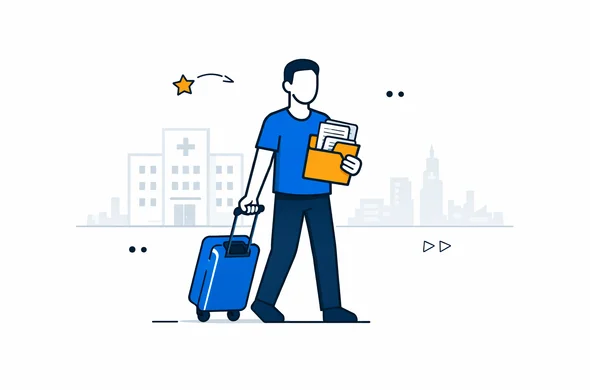 Semi-flat vector illustration, deep blue and turquoise primary colors with soft yellow accents, abstract faceless character holding a folder of documents and a suitcase, calm but focused mood suggesting urgent travel handled in an organized way, minimalist white background with faint outline of a hospital and city skyline, modern tech look, clean 2D design, no facial details