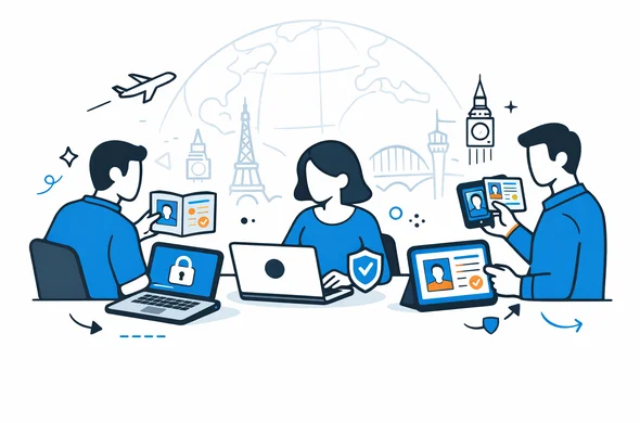 Flat vector illustration of a secure digital visa office interface, abstract faceless characters reviewing passport documents on laptops and mobile devices, deep blue and turquoise color palette with calm organized atmosphere, minimalist white background with faint outline of a globe and generic world landmarks, modern tech style, semi flat isometric scene