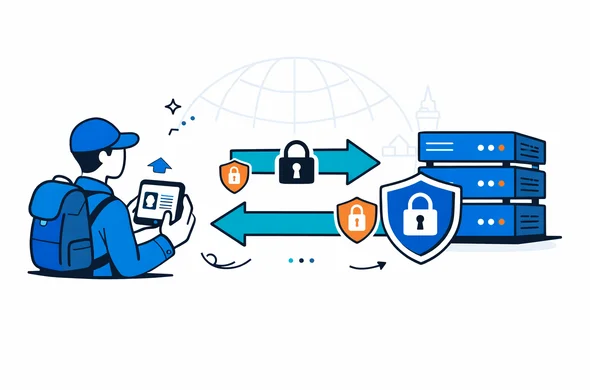 Semi flat vector illustration of a secure data flow from a travelers smartphone to protected servers, abstract faceless character uploading passport scan, arrows indicating encrypted transfer, deep blue and turquoise interface elements, calm efficient mood, minimalist white background with faint outline of a globe and server racks, modern technology diagram style