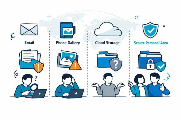 Flat vector illustration comparing different document storage methods, columns representing email, phone gallery, generic cloud and secure visa office personal area, abstract faceless characters choosing the secure option, deep blue and turquoise main colors with neutral accent, minimalist white background with faint outline of a world map, clean infographic style