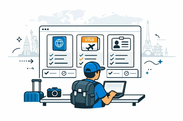 Flat semi-flat vector illustration of a traveler sitting at a laptop comparing different visa and entry permit types on a digital dashboard, deep blue and turquoise primary colors with neutral accents, calm and organized tech interface, minimalist white background with a faint world map and abstract skyline of global landmarks, no facial features, modern isometric style