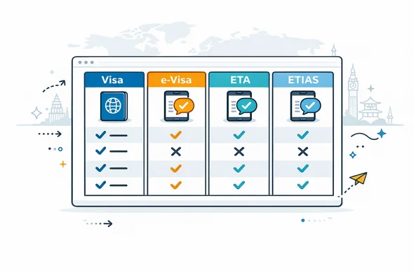 Flat vector infographic style illustration showing a comparison chart of visa, e-Visa, ETA and ETIAS, modern UI panels with icons of passports and digital approvals, deep blue and turquoise palette with neutral background, minimalist white screen with subtle outline of global landmarks, calm and organized design, no faces