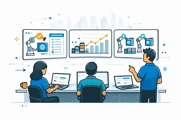 Semi-flat vector illustration of a small digital team in a modern office monitoring automated visa applications on large screens, deep blue and turquoise brand colors, calm efficient atmosphere, minimalist white background with a faint outline of a generic city skyline, characters without facial features, isometric tech scene