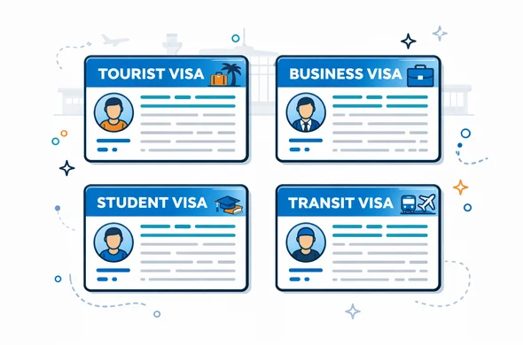 Semi-flat vector illustration of four stylized visa documents laid out in a grid, each labeled as tourist, business, student, and transit visa. Deep blue and turquoise main palette with a subtle accent highlight, minimalist grey background with a faint airport terminal silhouette. Clean lines, techy feel, calm and efficient atmosphere. Semi-flat vector illustration of four stylized visa documents laid out in a grid, each labeled as tourist, business, student, and transit visa. Deep blue and turquoise main palette with a subtle accent highlight, minimalist grey background with a faint airport terminal silhouette. Clean lines, techy feel, calm and efficient atmosphere.