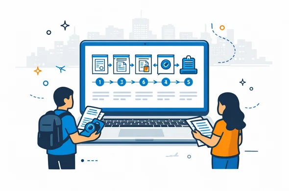 Isometric flat vector illustration of a digital dashboard on a laptop showing a step-by-step visa decision flow, with abstract faceless characters reviewing documents next to the screen. Deep blue and turquoise colors, tech startup vibe, minimalist grey background with a subtle outline of a generic city skyline. Calm, organized, efficient atmosphere. Isometric flat vector illustration of a digital dashboard on a laptop showing a step-by-step visa decision flow, with abstract faceless characters reviewing documents next to the screen. Deep blue and turquoise colors, tech startup vibe, minimalist grey background with a subtle outline of a generic city skyline. Calm, organized, efficient atmosphere.