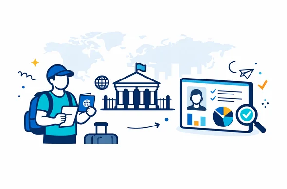 Flat vector illustration showing a traveler, an embassy building icon and a digital dashboard analyzing a visa application. Deep blue and turquoise primary colors with subtle yellow and blue accents for a global travel hub theme, 2D isometric style, faceless abstract characters holding a passport and documents, calm and efficient atmosphere, minimalist light background with a faint outline of a world map and generic skyline. Flat vector illustration showing a traveler, an embassy building icon and a digital dashboard analyzing a visa application. Deep blue and turquoise primary colors with subtle yellow and blue accents for a global travel hub theme, 2D isometric style, faceless abstract characters holding a passport and documents, calm and efficient atmosphere, minimalist light background with a faint outline of a world map and generic skyline.
