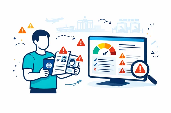 Semi-flat vector illustration of a digital risk scoring dashboard highlighting red flags on visa documents. Deep blue and turquoise as primary colors with subtle yellow and blue accents, 2D modern style, faceless abstract character reviewing documents with exclamation icons, calm yet analytical atmosphere, minimalist light background with a faint outline of generic airport and border control icons. Semi-flat vector illustration of a digital risk scoring dashboard highlighting red flags on visa documents. Deep blue and turquoise as primary colors with subtle yellow and blue accents, 2D modern style, faceless abstract character reviewing documents with exclamation icons, calm yet analytical atmosphere, minimalist light background with a faint outline of generic airport and border control icons.