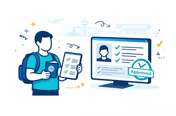 Flat vector illustration of a traveler holding a digital checklist and passport, with a large screen showing a clean approved visa application. Deep blue and turquoise primary colors with yellow and blue accent elements for a global hub feel, 2D modern style, faceless abstract character, calm and organized atmosphere, minimalist white background with a faint outline of an airport terminal. Flat vector illustration of a traveler holding a digital checklist and passport, with a large screen showing a clean approved visa application. Deep blue and turquoise primary colors with yellow and blue accent elements for a global hub feel, 2D modern style, faceless abstract character, calm and organized atmosphere, minimalist white background with a faint outline of an airport terminal.