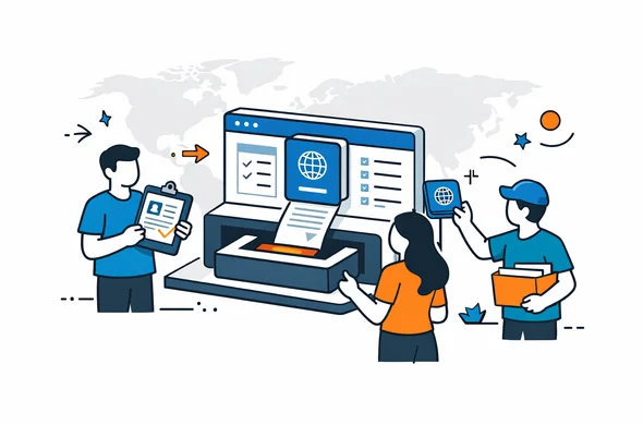 Flat vector illustration, modern tech style, isometric view of abstract faceless characters submitting visa documents into a digital system. Deep blue and turquoise as primary colors, neutral background with a faint world map silhouette, calm and efficient atmosphere, representing a global visa risk assessment workflow.