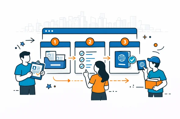 Semi-flat vector illustration of a step-by-step digital workflow for a visa application: abstract faceless characters moving documents through numbered stages on a screen. Deep blue and turquoise UI elements, neutral background, calm and organized atmosphere, subtle outline of a generic city skyline in the back.