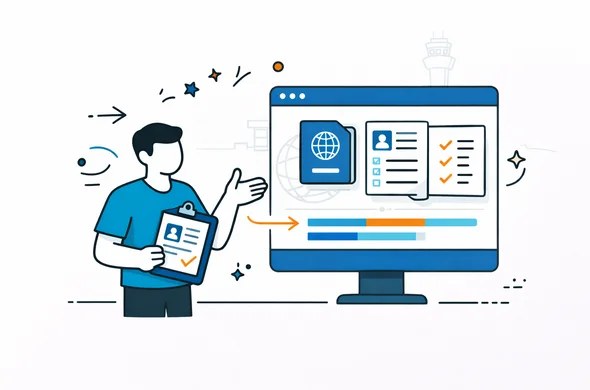 Flat vector illustration of a human expert and a digital dashboard side by side, reviewing visa application documents together. Deep blue and turquoise interface elements, calm and safe atmosphere, neutral faceless characters, subtle outline of airport control tower in the background to symbolize border control.