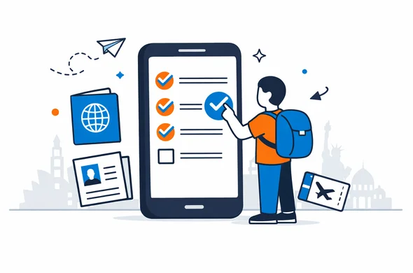 Flat semi flat vector illustration of an abstract faceless character checking a digital visa preparation checklist on a large smartphone surrounded by passport and document icons deep blue and turquoise color palette with subtle global travel accent minimalist white and grey background with faint skyline silhouettes of famous world landmarks calm organized efficient tech atmosphere