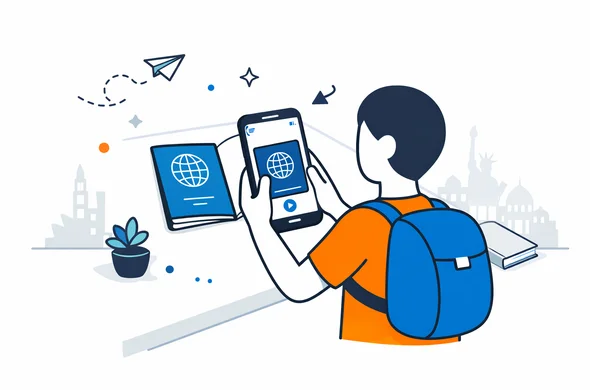 Flat vector illustration showing an abstract faceless character using a smartphone to photograph a passport on a clean desk deep blue and turquoise interface elements minimalist white and grey background with subtle outline of global landmarks calm organized tech oriented atmosphere