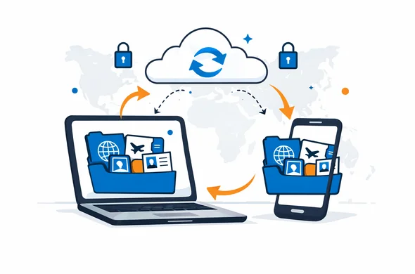 Semi flat vector illustration of folders and travel documents synchronized between a laptop and a smartphone with cloud storage icons deep blue and turquoise color palette minimalist white and grey background faint outline of a world map calm secure efficient digital organization vibe