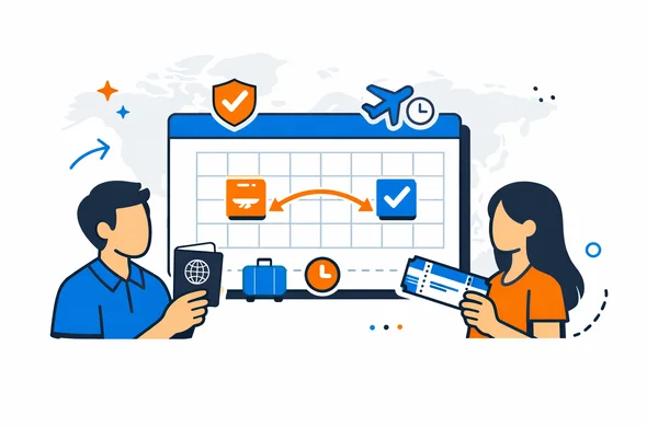 Semi-flat vector illustration of a traveler planning visa validity and flight dates on a digital calendar interface, deep blue and turquoise colors with hub-neutral accent, faceless abstract characters holding passport and flight ticket, calm and organized atmosphere, minimalist white background with subtle world map silhouette, modern isometric tech style Semi-flat vector illustration of a traveler planning visa validity and flight dates on a digital calendar interface, deep blue and turquoise colors with hub-neutral accent, faceless abstract characters holding passport and flight ticket, calm and organized atmosphere, minimalist white background with subtle world map silhouette, modern isometric tech style