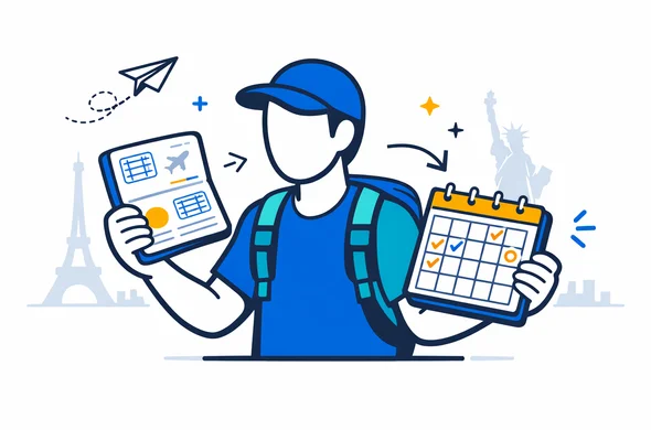 Flat vector illustration of an abstract faceless traveler comparing a passport visa page with a calendar, deep blue and turquoise Aid-Air brand colors with yellow and blue accents, modern tech interface elements, calm and efficient atmosphere, minimalist white background with faint silhouettes of global landmarks like the Eiffel Tower and Statue of Liberty, clean 2D or isometric style, crisp lines Flat vector illustration of an abstract faceless traveler comparing a passport visa page with a calendar, deep blue and turquoise Aid-Air brand colors with yellow and blue accents, modern tech interface elements, calm and efficient atmosphere, minimalist white background with faint silhouettes of global landmarks like the Eiffel Tower and Statue of Liberty, clean 2D or isometric style, crisp lines