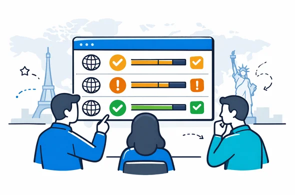 Flat vector illustration, modern tech style, deep blue and turquoise as primary colors with subtle yellow accents, showing abstract faceless characters looking at a global visa dashboard with changing status indicators, calm and organized atmosphere, minimalist light background with faint world map and soft silhouettes of famous landmarks like the Eiffel Tower and Statue of Liberty in the distance, isometric 2D design, no photorealism.