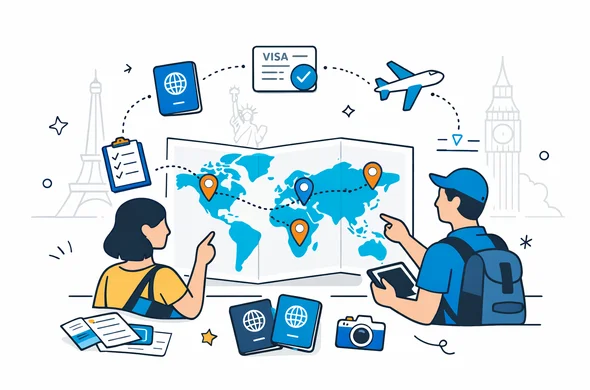 Flat vector illustration in modern tech style, deep blue and turquoise primary colors with soft yellow and light blue accents, abstract faceless characters planning a multi-country trip on a large digital map, with documents, passports and visa icons connected in a clear roadmap, calm efficient atmosphere, minimalist white/grey background with faint outlines of Eiffel Tower, Statue of Liberty and Big Ben in the distance