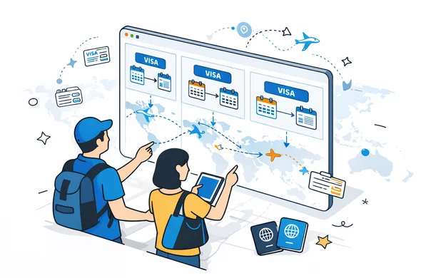 Semi-flat isometric vector illustration in modern tech style, deep blue and turquoise with soft yellow and light blue accents, abstract faceless characters comparing different visa options and timelines on a large digital dashboard, with calendar icons, arrows between countries and passport stamps, calm organized atmosphere, minimalist white/grey background with a faint outline of a world map and flight routes