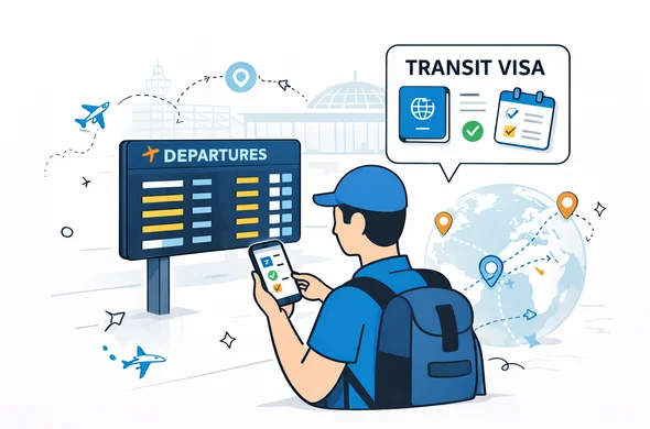 Flat 2D vector illustration in modern tech style, deep blue and turquoise with soft yellow and light blue accents, abstract faceless traveler checking transit visa requirements on a smartphone near an airport departures board, clean flight-connection lines between countries, calm safe atmosphere, minimalist white/grey background with a faint outline of an airport terminal and a globe