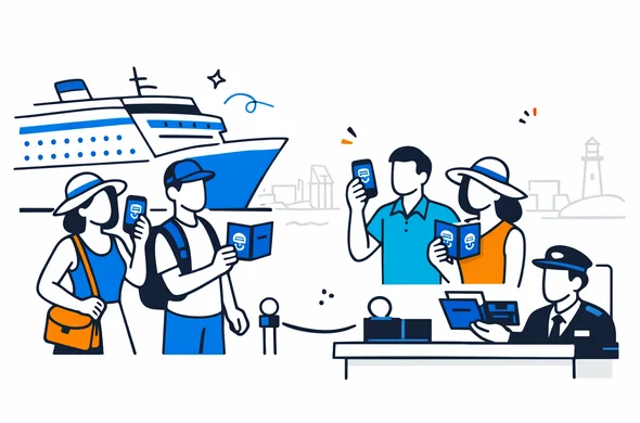 A flat vector illustration of faceless abstract cruise passengers standing near a modern cruise ship and a port passport control desk, holding passports and smartphones with visa icons. Deep blue and turquoise Aid-Air branding, calm and organized atmosphere, minimalist white/grey background with a faint outline of a generic harbor skyline and lighthouse, 2D clean lines, semi-flat modern tech style.