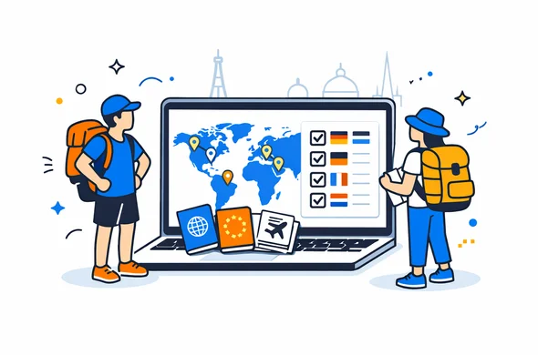 Flat isometric vector illustration of two abstract, faceless backpacker characters standing next to a large digital world map on a laptop screen, reviewing a multi-country visa checklist. Deep blue and turquoise primary UI colors with yellow and blue European accent details, calm and organized tech dashboard feeling, passports and travel documents icons, minimalist white background with a faint outline of a generic European skyline in the distance.