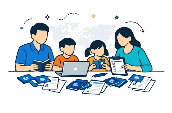 Flat vector illustration of a family with two adults and two children sitting at a table organizing multiple passports, visa application forms and a laptop, deep blue and turquoise primary colors with subtle yellow accents, calm and organized atmosphere, minimalist white background with a faint world map silhouette, faceless abstract characters, modern 2D tech style.