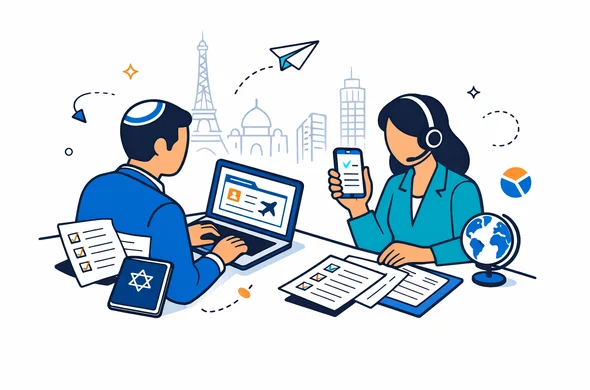 Flat semi-flat vector illustration, isometric style, Israeli business traveler and travel manager reviewing business trip documents and visa forms on a laptop and smartphone, deep blue and turquoise with subtle yellow accents, calm efficient atmosphere, minimalist white background with faint outlines of global landmarks like Eiffel Tower and skyscrapers, modern tech look, no facial features