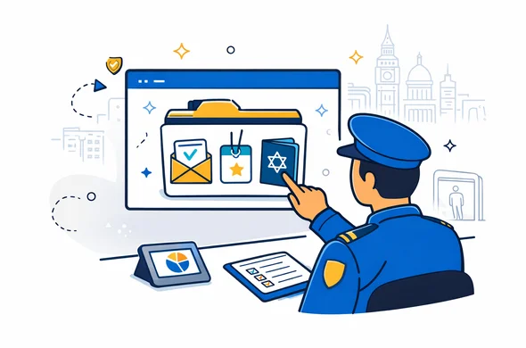 Flat vector illustration, 2D, abstract immigration officer reviewing a digital folder of business travel documents on a large screen, with icons of invitation letter, conference ticket and passport, deep blue and turquoise with yellow accents, calm efficient border control environment, minimalist grey-white background with faint outline of European city skyline, no facial features
