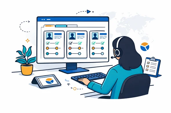 Semi-flat vector illustration, isometric, corporate travel manager using a digital dashboard to manage multiple business visa applications for employees, icons of timelines and checklists, deep blue and turquoise with global yellow accent, calm organized workspace, minimalist background with faint outline of world map, no facial features