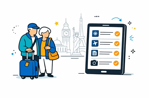 Semi flat vector illustration of senior travelers couple with suitcase and digital tablet showing a structured visa checklist, deep blue and turquoise with yellow accent, minimalist white background with faint outline of global landmarks skyline, calm efficient tech atmosphere, no facial features, clean isometric lines