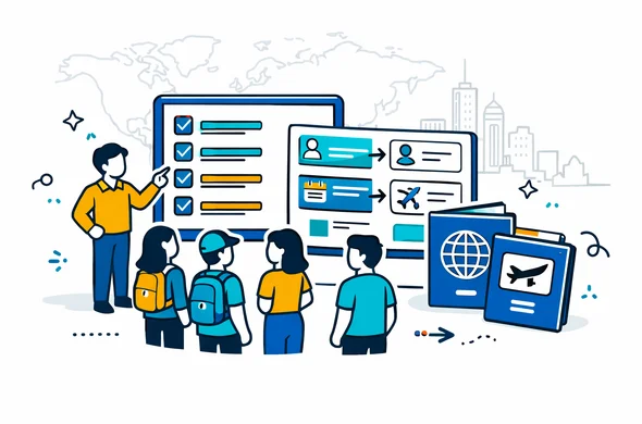 Flat semi flat vector illustration in isometric style, deep blue and turquoise with yellow accents, abstract faceless characters representing a group leader and students standing around a large digital checklist and passport icons, modern UI screens showing multiple steps in a group visa process, calm organized efficient atmosphere, minimalist white and light grey background with faint outline of a world map and a generic global skyline in the distance