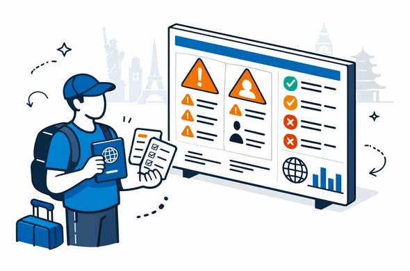 Isometric flat vector illustration in deep blue and turquoise, with a faceless abstract traveler holding a passport and visa application forms, standing in front of a large digital dashboard showing warning icons and status flags, clean modern tech style, calm and organized atmosphere, minimalist white and grey background with faint silhouettes of multiple global landmarks, high resolution Isometric flat vector illustration in deep blue and turquoise, with a faceless abstract traveler holding a passport and visa application forms, standing in front of a large digital dashboard showing warning icons and status flags, clean modern tech style, calm and organized atmosphere, minimalist white and grey background with faint silhouettes of multiple global landmarks, high resolution