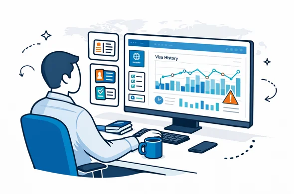 Flat 2D vector illustration of a faceless professional sitting at a modern computer workstation, analyzing visa history charts and document icons on a large screen, deep blue and turquoise color palette with a subtle tech UI overlay, calm efficient atmosphere, minimalist white and grey office background with faint global map outline, high resolution Flat 2D vector illustration of a faceless professional sitting at a modern computer workstation, analyzing visa history charts and document icons on a large screen, deep blue and turquoise color palette with a subtle tech UI overlay, calm efficient atmosphere, minimalist white and grey office background with faint global map outline, high resolution