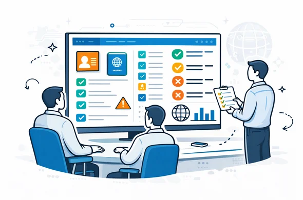 Semi-flat isometric vector illustration of a digital visa management system dashboard on a large screen, with abstract faceless characters around it reviewing checklists and status tags, deep blue and turquoise main colors, subtle yellow accents, calm high-tech control center atmosphere, minimalist white and grey background with faint circuitry and globe outlines, high resolution Semi-flat isometric vector illustration of a digital visa management system dashboard on a large screen, with abstract faceless characters around it reviewing checklists and status tags, deep blue and turquoise main colors, subtle yellow accents, calm high-tech control center atmosphere, minimalist white and grey background with faint circuitry and globe outlines, high resolution