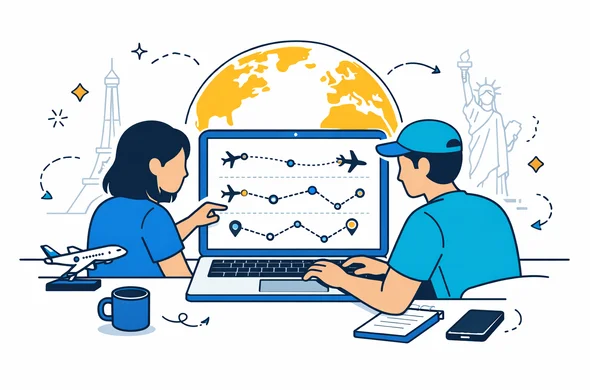 Flat semi-flat vector illustration of an abstract traveler planning complex flights with one-way and open-jaw tickets on a laptop, deep blue and turquoise primary colors with a subtle yellow global accent, calm and organized tech workspace, faceless characters with neutral skin tones, minimalist light background with faint outlines of multiple famous landmarks like Eiffel Tower, Big Ben and Statue of Liberty, isometric style, high detail, not photorealistic Flat semi-flat vector illustration of an abstract traveler planning complex flights with one-way and open-jaw tickets on a laptop, deep blue and turquoise primary colors with a subtle yellow global accent, calm and organized tech workspace, faceless characters with neutral skin tones, minimalist light background with faint outlines of multiple famous landmarks like Eiffel Tower, Big Ben and Statue of Liberty, isometric style, high detail, not photorealistic