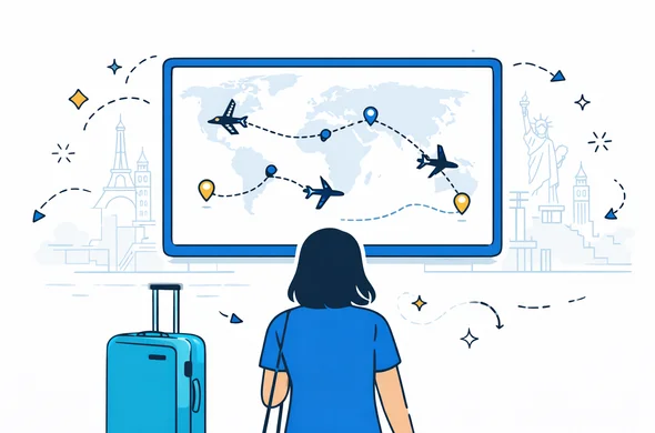 Flat vector illustration of an abstract female traveler looking at a clean multi-leg flight route on a giant digital screen, deep blue and turquoise lines connecting several cities, soft yellow accent for key destinations, faceless character with neutral skin tone, calm and organized atmosphere, minimalist background with faint world map and landmark silhouettes, 2D style, tech-oriented, not photorealistic Flat vector illustration of an abstract female traveler looking at a clean multi-leg flight route on a giant digital screen, deep blue and turquoise lines connecting several cities, soft yellow accent for key destinations, faceless character with neutral skin tone, calm and organized atmosphere, minimalist background with faint world map and landmark silhouettes, 2D style, tech-oriented, not photorealistic