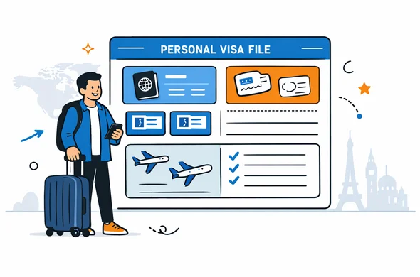 Flat vector illustration of a frequent traveler standing next to a large digital dashboard labeled personal visa file, with organized cards for visas passport stamps and flights, deep blue and turquoise with soft yellow accent, calm efficient tech office atmosphere, minimalist white and light grey background with faint world map and skyline silhouettes of global landmarks