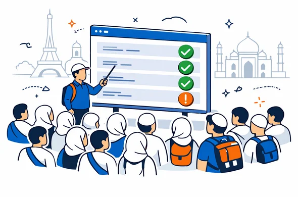Flat semi-flat vector illustration of a large group of abstract, faceless pilgrims with a tour leader standing in front of a big digital dashboard showing visa status checkmarks, deep blue and turquoise primary colors with neutral global accent, calm and organized atmosphere, minimalist white and grey background with faint outlines of multiple famous landmarks like the Eiffel Tower, Taj Mahal, a church and a mosque, modern tech feel, 2D isometric style, not photorealistic