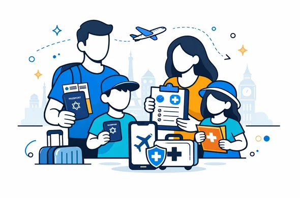 Flat vector illustration of an organized medical travel journey for an Israeli family, abstract faceless characters holding passports, medical documents and a flight ticket, deep blue and turquoise primary colors with soft yellow and light blue accents, calm and efficient atmosphere, minimalist white background with faint global landmarks silhouettes, modern tech and automation style, 2D or semi-isometric composition