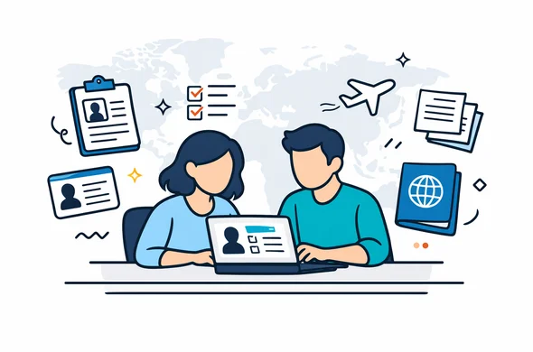 Flat vector illustration, 2D, modern tech style, abstract faceless characters sitting at a desk using a laptop to complete an online visa application, documents and passport icons around them, color palette deep blue and turquoise with a soft violet accent for hub, minimalist white and light grey background with a faint outline of a world map, calm organized efficient safe atmosphere, not photorealistic Flat vector illustration, 2D, modern tech style, abstract faceless characters sitting at a desk using a laptop to complete an online visa application, documents and passport icons around them, color palette deep blue and turquoise with a soft violet accent for hub, minimalist white and light grey background with a faint outline of a world map, calm organized efficient safe atmosphere, not photorealistic