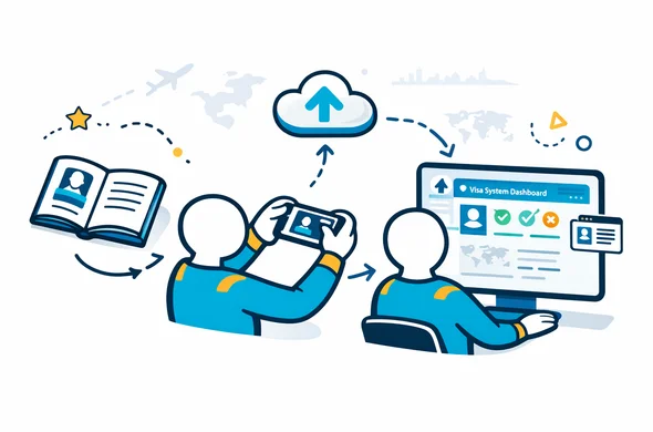 Semi-flat 2D vector illustration showing a step-by-step flow from document to smartphone to cloud upload and visa system dashboard, abstract faceless characters, deep blue and turquoise colors with warm yellow accents, modern UI elements, minimalist white and grey background with subtle outline of an airplane and world map. Semi-flat 2D vector illustration showing a step-by-step flow from document to smartphone to cloud upload and visa system dashboard, abstract faceless characters, deep blue and turquoise colors with warm yellow accents, modern UI elements, minimalist white and grey background with subtle outline of an airplane and world map.
